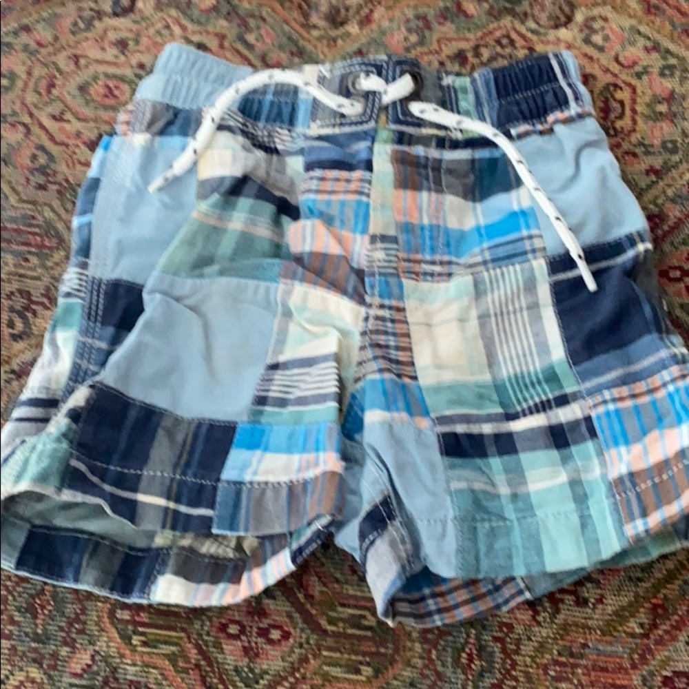 Patchwork madras swim trunks